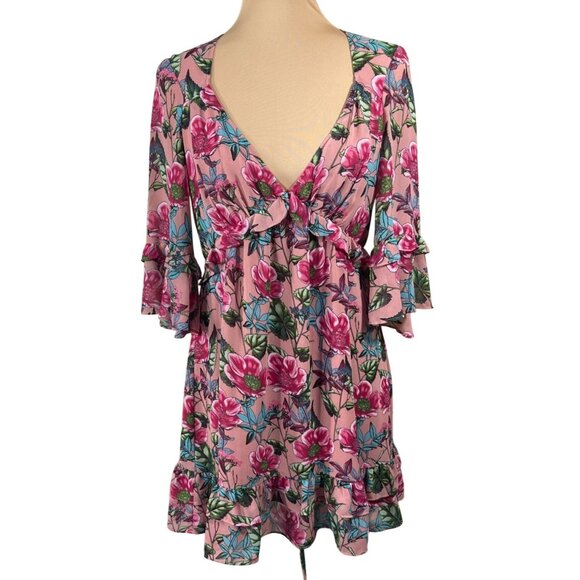 For Love & Lemons Churro Mini Dress Pink Flamenco L Large Ruffle Hem - Picture 1 of 9